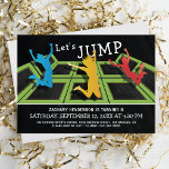 Trampoline Park Kids Birthday Party Invitation<br><div class="desc">A black backdrop,  trampoline courts,  kids jumping and flying through the air and simple clean white wording.</div>