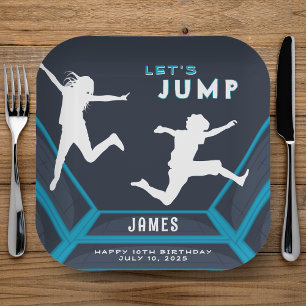 Trampoline Park Let's Jump Blue Birthday Party Paper Plate