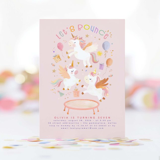 Trampoline Unicorn Birthday Let's Bounce Invitation (Bouncing Unicorns Party Invitation for a Trampoline Birthday Jump)