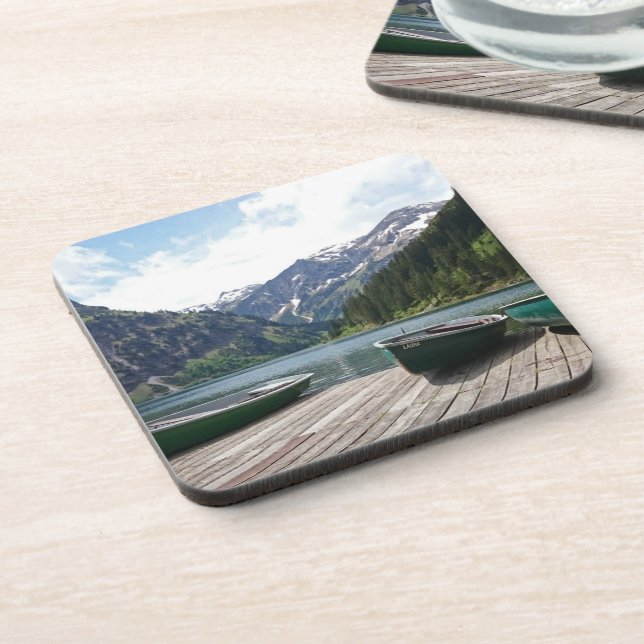 Tranquil Alpine Lake and Boats Photograph Coaster (Left Side)