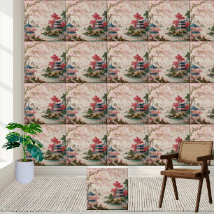 Tranquil Asian Blossom & Pagoda Chinoiserie Tile 