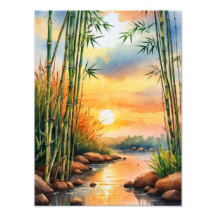 Tranquil Bamboo River Watercolor Painting Photo Print