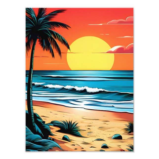 Tranquil Beach Escape: Sunset with Palm Tree Photo Print (Front)