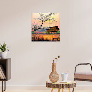 Tranquil Blossom: Sunset Over a Japanese Lakehouse Poster