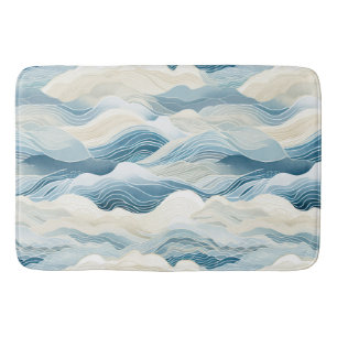 Tranquil Blue and White Wave Pattern Bath Mat
