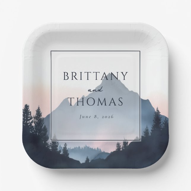 Tranquil Blue Mountain Landscape Paper Plate (Front)