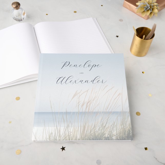 Tranquil Blue Watercolor Beach Scene Guest Book (Front Open)