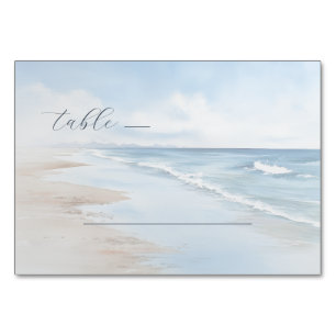Tranquil Blue Watercolor Beach Waves Table Number