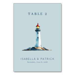 Tranquil Blue Watercolor Lighthouse Table Number