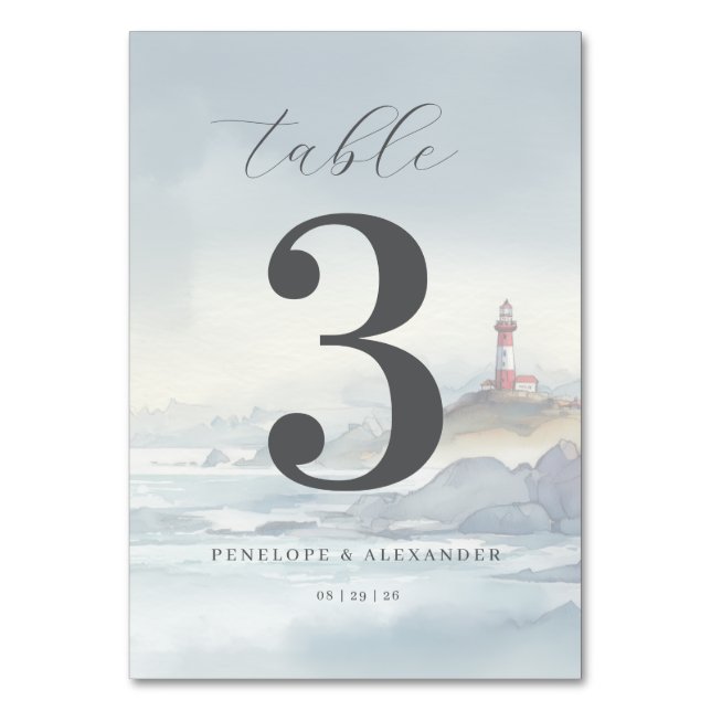 Tranquil Blue Watercolor Lighthouse Table Number (Front)