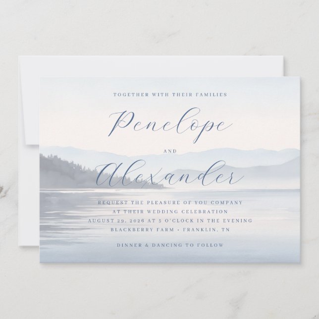 Tranquil Blue Watercolor Mountains Invitation (Front)