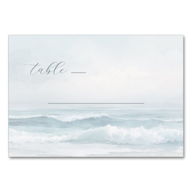 Tranquil Blue Watercolor Waves Table Number (Front)