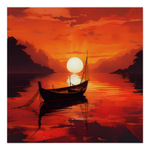 Tranquil Boat in Fiery Sunset – Serene Nature Art Poster