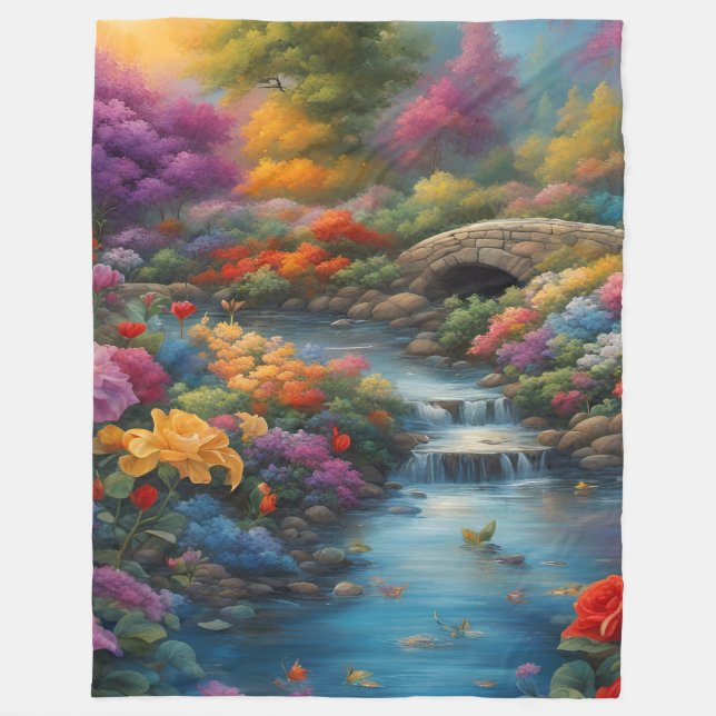 “Tranquil Brook and Stone Bridge" Fleece Blanket (Front)