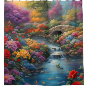 “Tranquil Brook and Stone Bridge" Shower Curtain