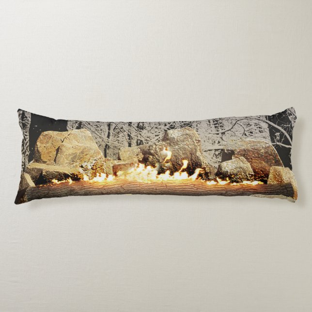Tranquil Burning Yule Log in a Snowy Forest Body Cushion (Front)
