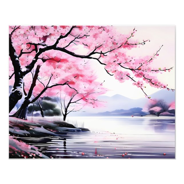 Tranquil Cherry Blossom Lake Photo Print (Front)