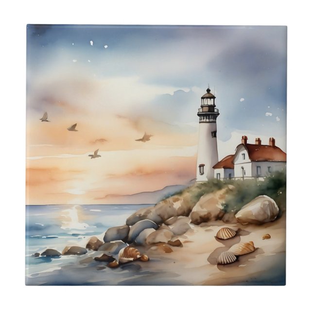 Tranquil Coastal Landscape Watercolor Lighthouse Tile (Front)