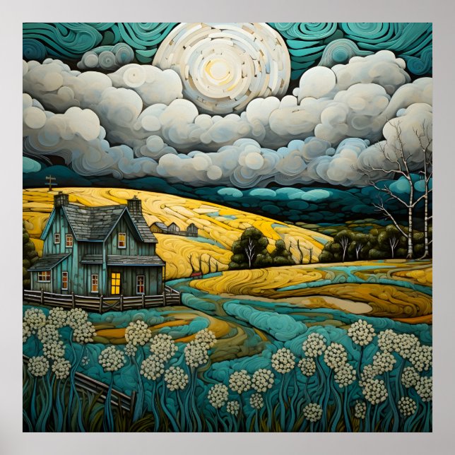Tranquil Countryside Scene With Charming Farmhouse Poster (Front)