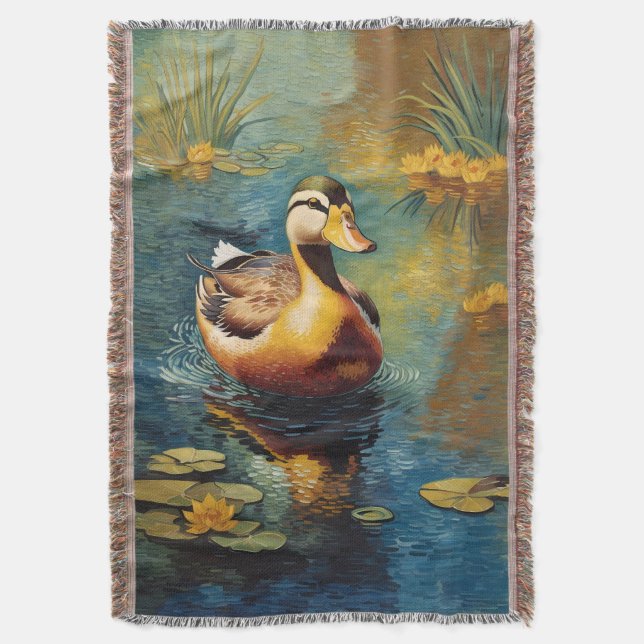 Tranquil Duck On A Pond Artistic Painting Throw Blanket (Front Vertical)