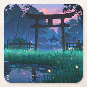 Tranquil Fireflies - Japanese Garden Square Paper Coaster