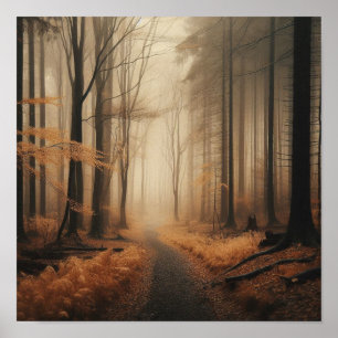 Tranquil Foggy Trail Through Golden Autumn Poster