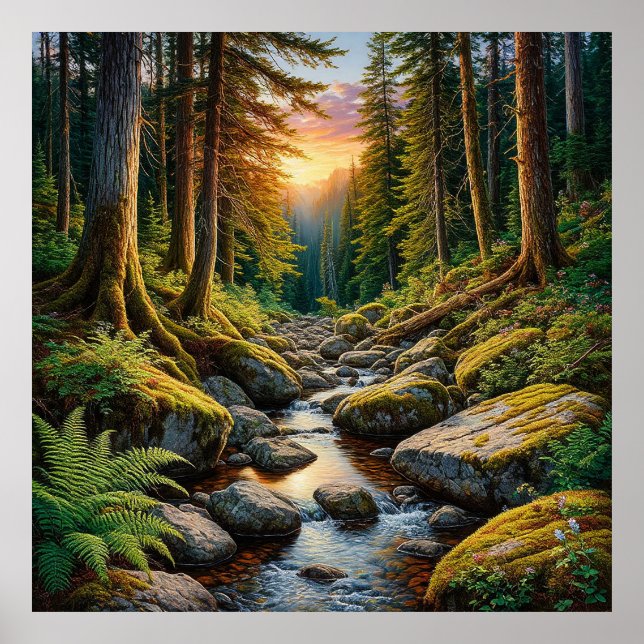 Tranquil Forest Stream During Sunset Poster (Front)
