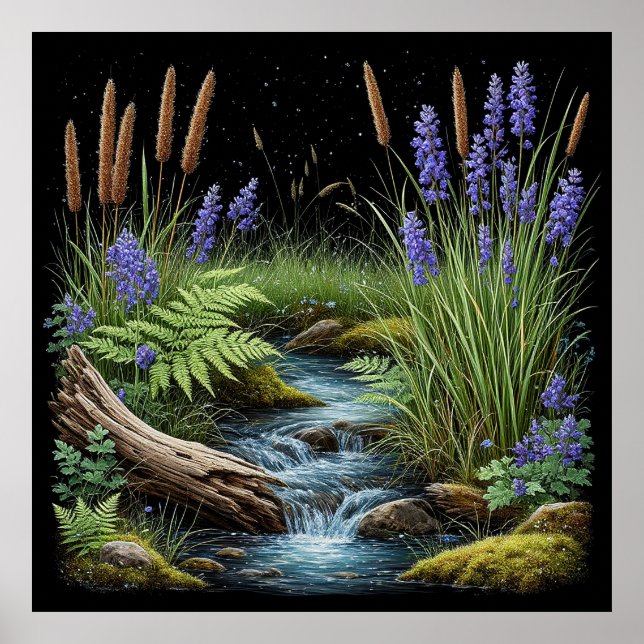 Tranquil Forest Stream Scene With Lavender Poster (Front)