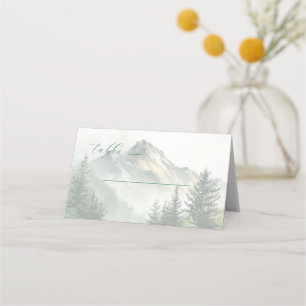 Tranquil Gray Watercolor Mountain Landscape Place Card