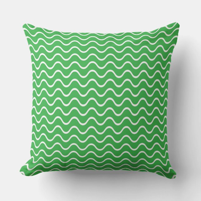 Tranquil Green Pattern: White Wavy Lines Cushion (Front)