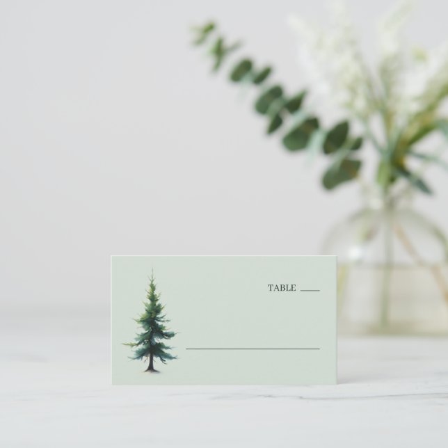 Tranquil Green Watercolor Pine Tree Place Card (Standing Front)