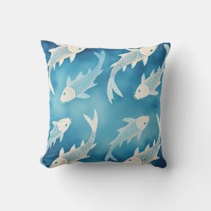 Tranquil Indigo Koi Design Elegant Watercolor Art Cushion