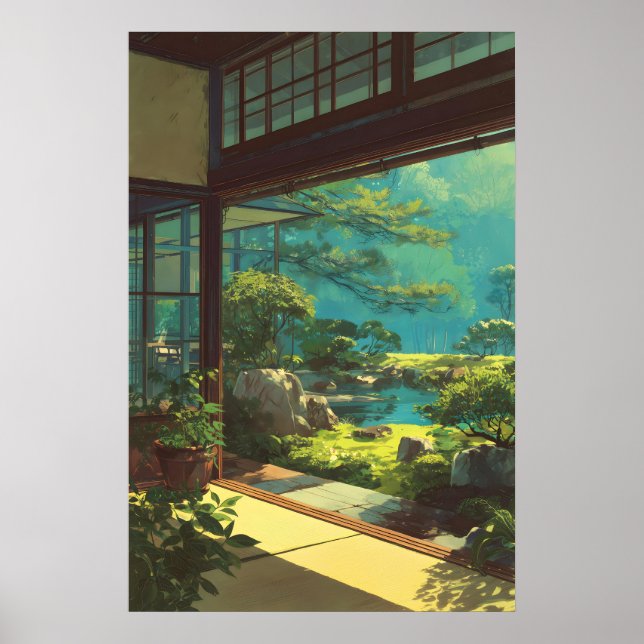 Tranquil Japanese Garden View Print - Bright Green (Front)