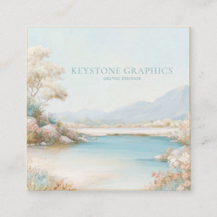 Tranquil Lake Scenery Pastel Gold Frame Square Business Card