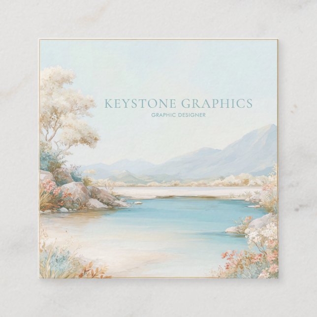 Tranquil Lake Scenery Pastel Gold Frame Square Business Card (Front)