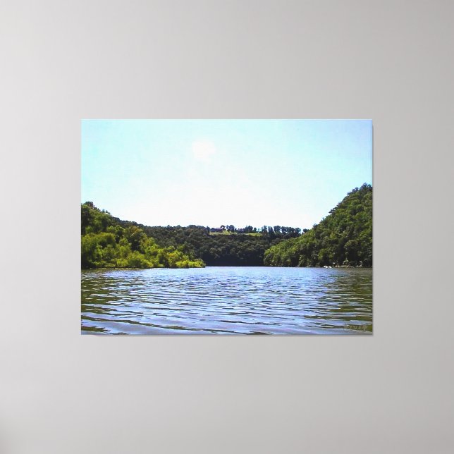 Tranquil Lake Surrounded by Forested Hills Canvas Print (Front)