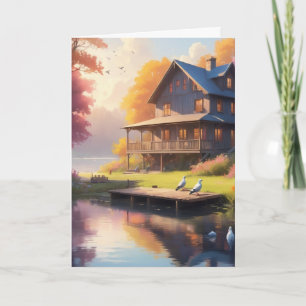 tranquil lakeside charming wooden house birthday card