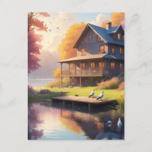 tranquil lakeside charming wooden house postcard
