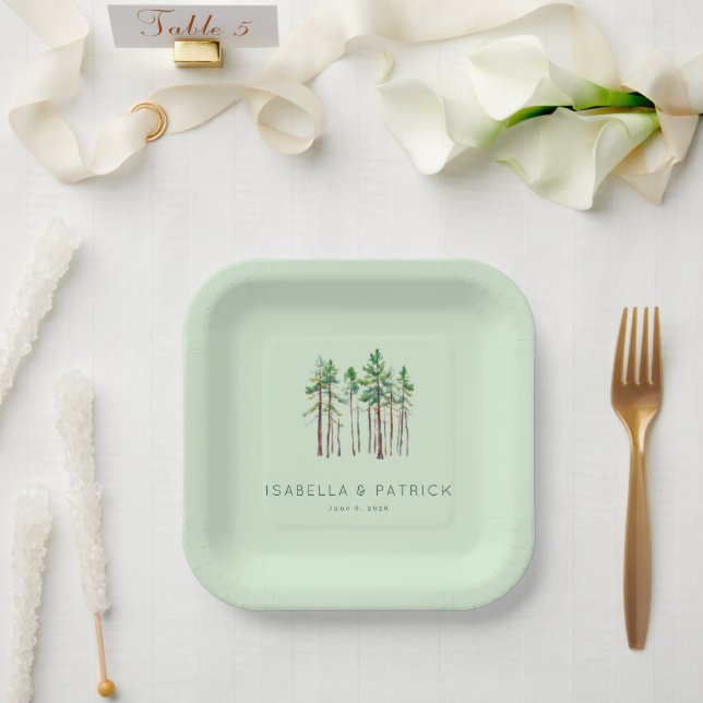 Tranquil Mint Watercolor Pine Trees Paper Plate (Wedding)