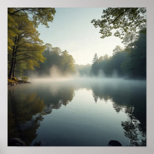 Tranquil Mist Reflections on a Lake's Surface Poster