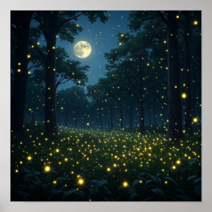 Tranquil Moonlit Forest Grove Poster