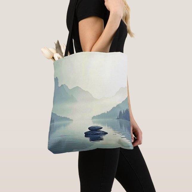 Tranquil Mountain Lake Serenity Tote Bag (Close Up)