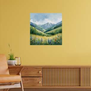 Tranquil Mountain Meadow – Watercolor Nature Wall  Poster