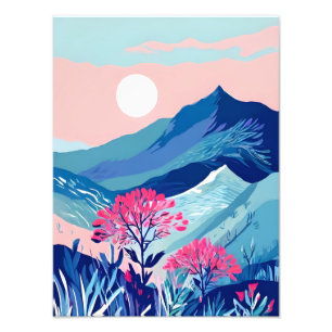 Tranquil Mountain Sunset with Pink Flowers Photo Print