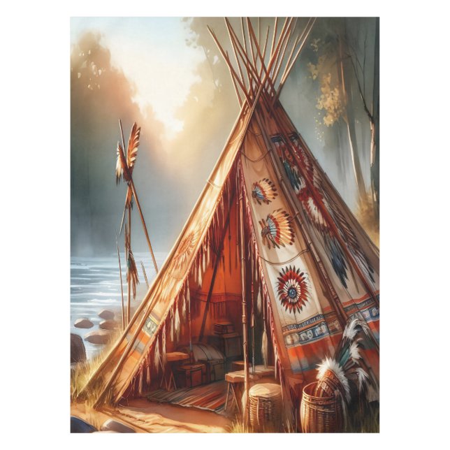 Tranquil native Indian teepee by a serene river Tablecloth (Front)