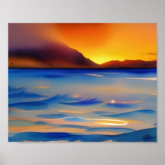 Tranquil Ocean Sunset Watercolor Poster (Front)