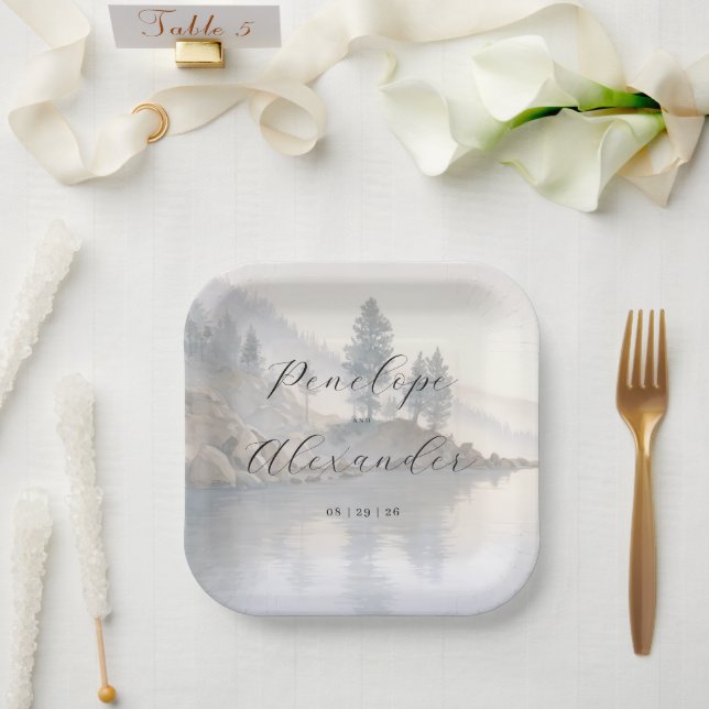 Tranquil Pale Watercolor Lakeside Scene Paper Plate (Wedding)