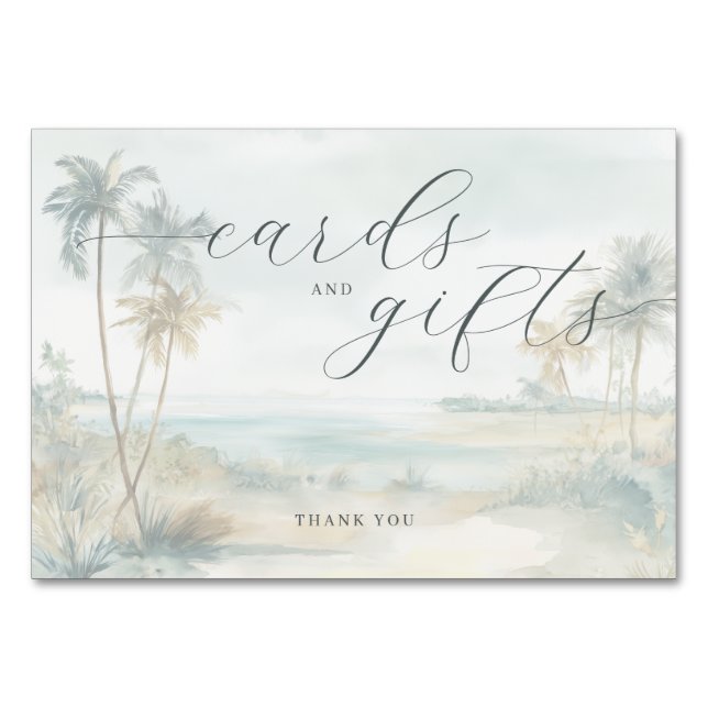 Tranquil Pastel Watercolor Beach Scene Table Number (Front)