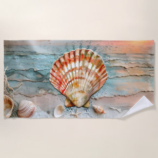 Tranquil Peach and Orange Seashell Watercolor Beach Towel