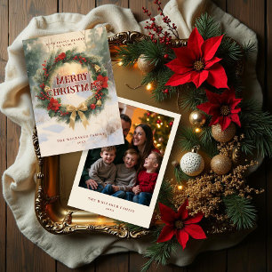 Tranquil Pine Wreath with Snowy Landscape Photo Holiday Card